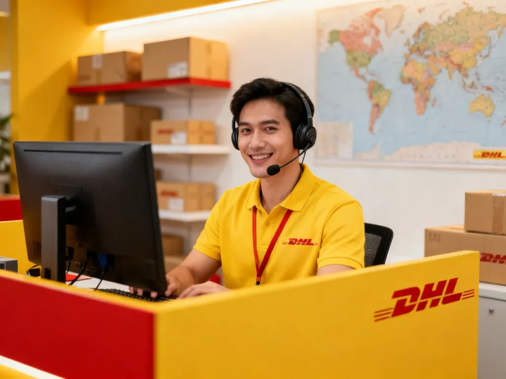 Konsultant infolinii DHL w słuchawkach przy komputerze, w tle paczki i mapa świata, jasne biuro obsługi klienta.