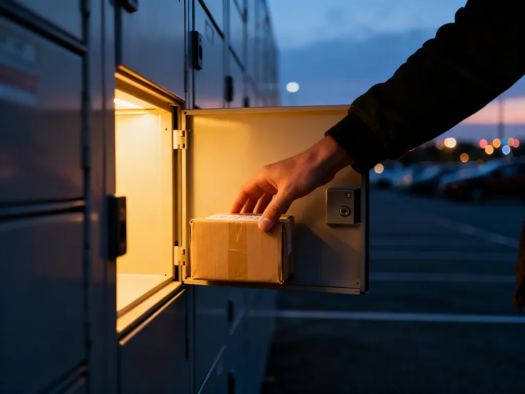 Osoba odbiera paczkę z paczkomatu InPost wieczorem, przy ciepłym oświetleniu, na tle ciemniejącego nieba.