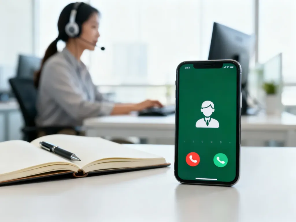 Smartfon z ekranem połączenia i ikonką konsultanta obok notatnika, w tle pracownik infolinii w słuchawkach.