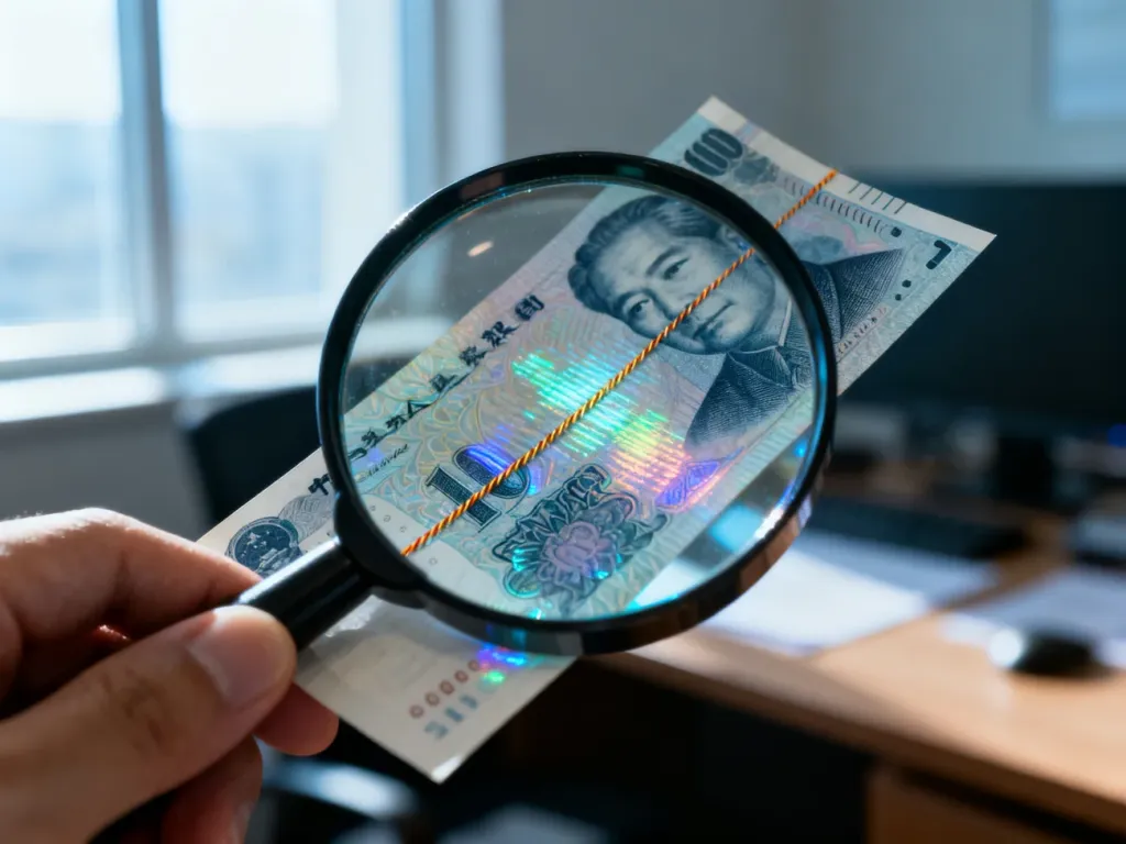 Banknot oglądany przez lupę, ukazujący detale holograficzne i zabezpieczenia w celu weryfikacji autentyczności pieniądza.