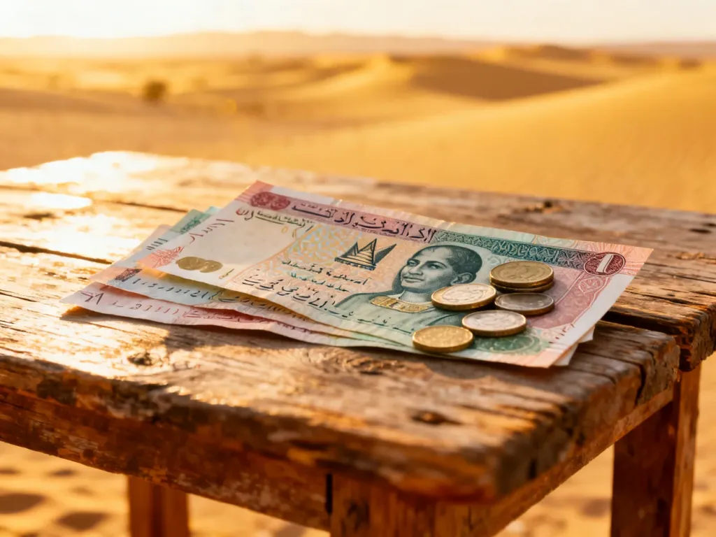 Egipskie banknoty i monety leżące na drewnianym stole na tle rozmytego, słonecznego krajobrazu pustyni.