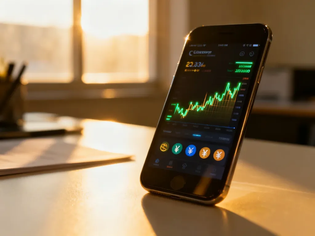 Smartfon z aplikacją do wymiany walut i wykresami kursów na tle nowoczesnego biura w świetle poranka.