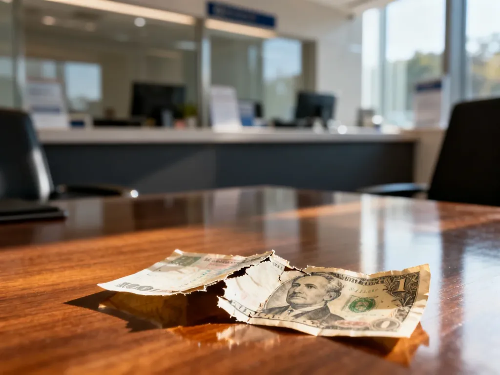 Zniszczony banknot leżący na drewnianym biurku w tle bankowego okienka, ilustrujący problem uszkodzonych pieniędzy.