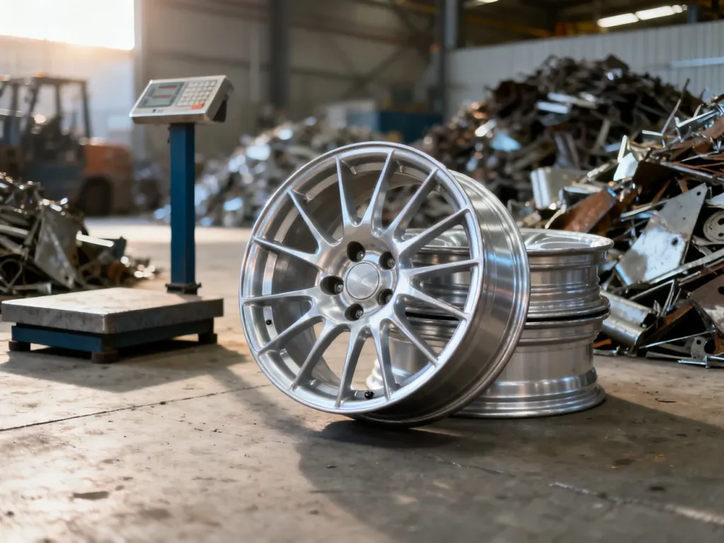 Stos czystych, srebrnych felg aluminiowych przygotowanych do skupu w profesjonalnym zakładzie recyklingu metali.