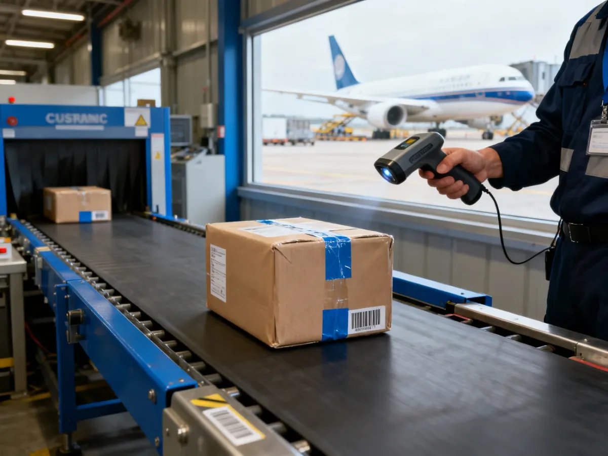 International parcel being processed in a customs and logistics facility