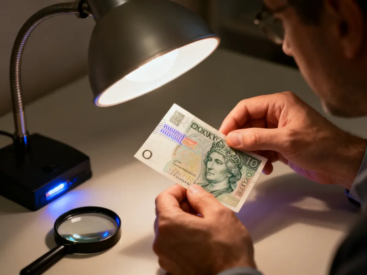 Osoba sprawdzająca zabezpieczenia polskiego banknotu przy lampie i lupie