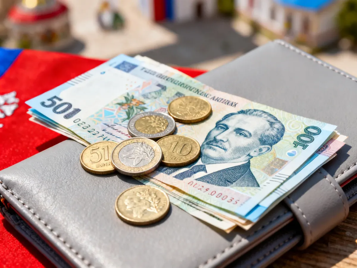 Banknoty i monety rumuńskich lei ułożone obok podróżnego portfela