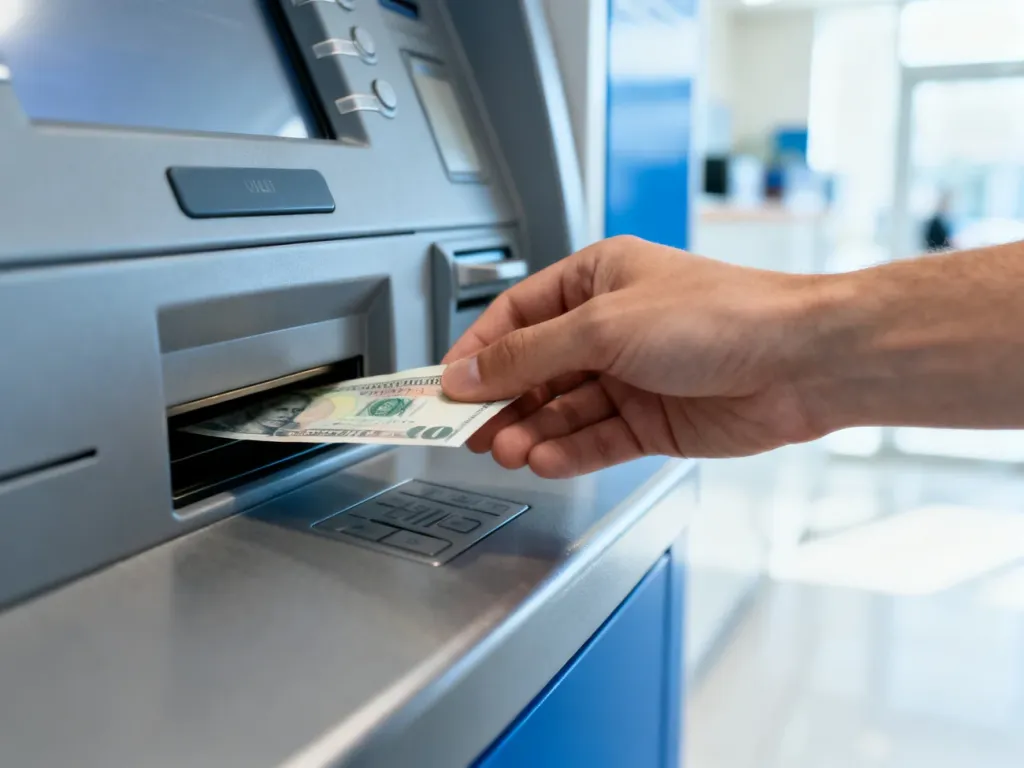 Dłoń wkładająca banknot do szczeliny nowoczesnego wpłatomatu w jasnym wnętrzu banku.