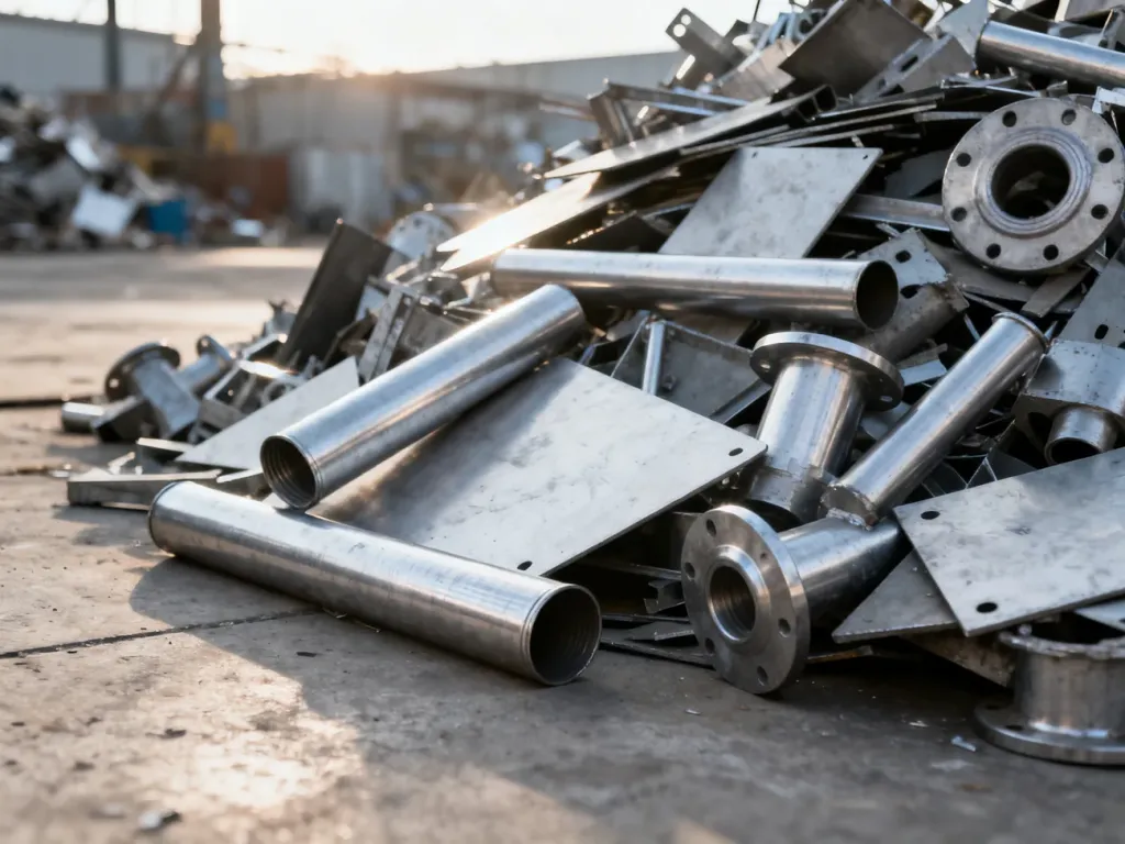Sterta różnorodnych elementów ze stali nierdzewnej, takich jak rury i blachy, przygotowanych do recyklingu na złomowisku.