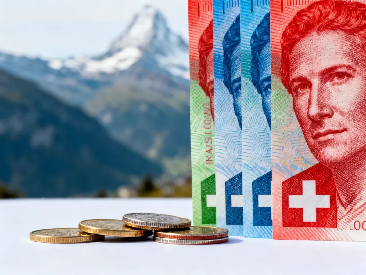 Szwajcarskie banknoty i monety na tle alpejskiego krajobrazu