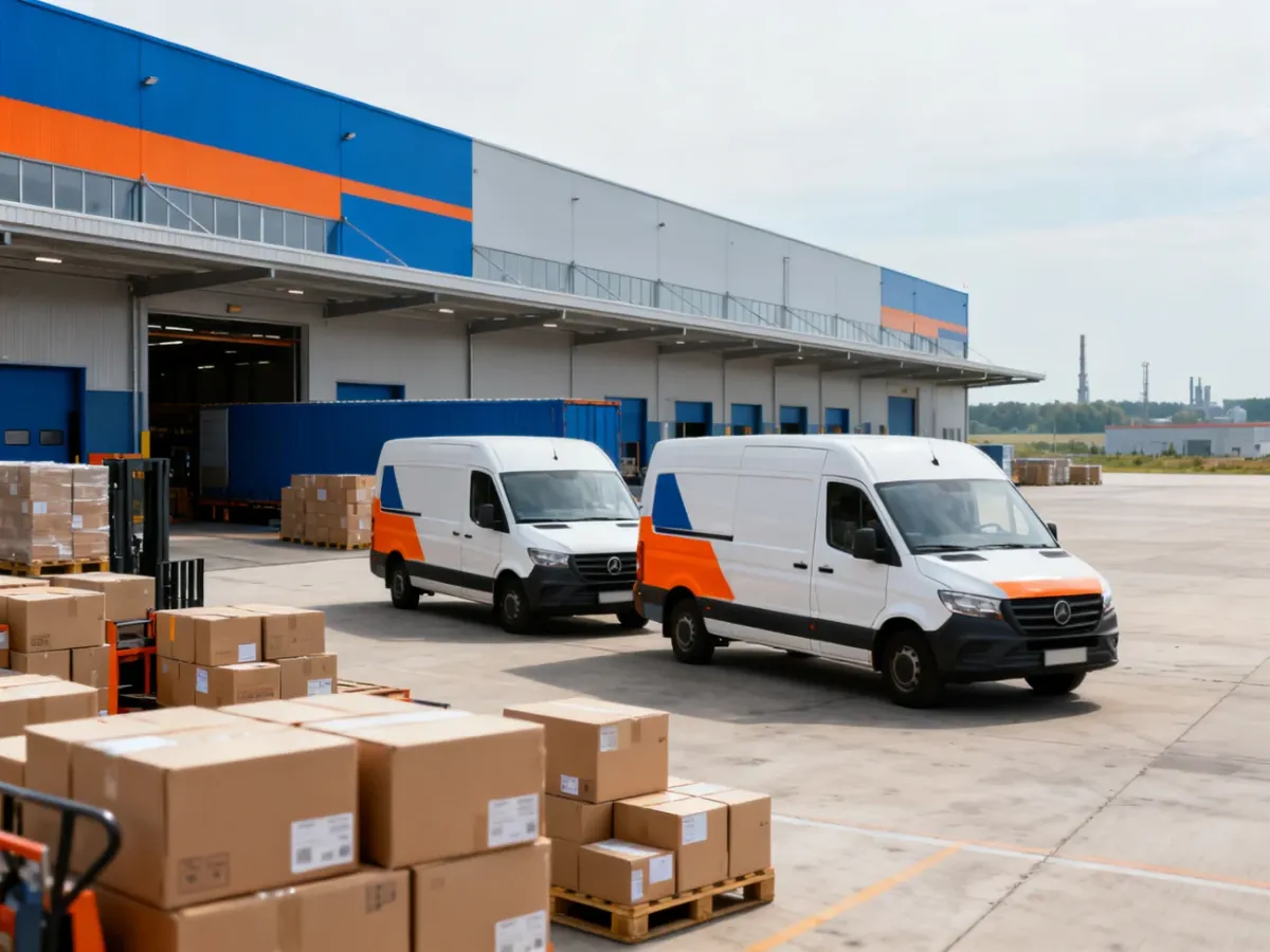 Centrum logistyczne AliExpress w Polsce z paczkami i samochodami dostawczymi