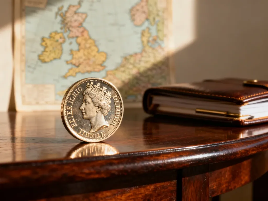 Błyszcząca moneta funta szterlinga na drewnianym stole, w tle mapa Wielkiej Brytanii i stary rejestr.