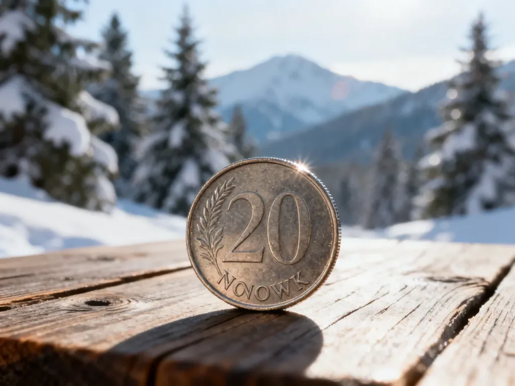 Moneta korony norweskiej leżąca na drewnianym stole na tle zimowego krajobrazu z ośnieżonymi drzewami.