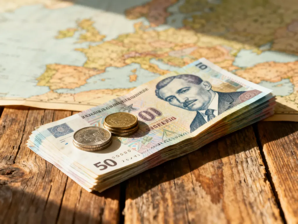 Stos rumuńskich banknotów i monet leżący na drewnianym stole na tle mapy Europy.