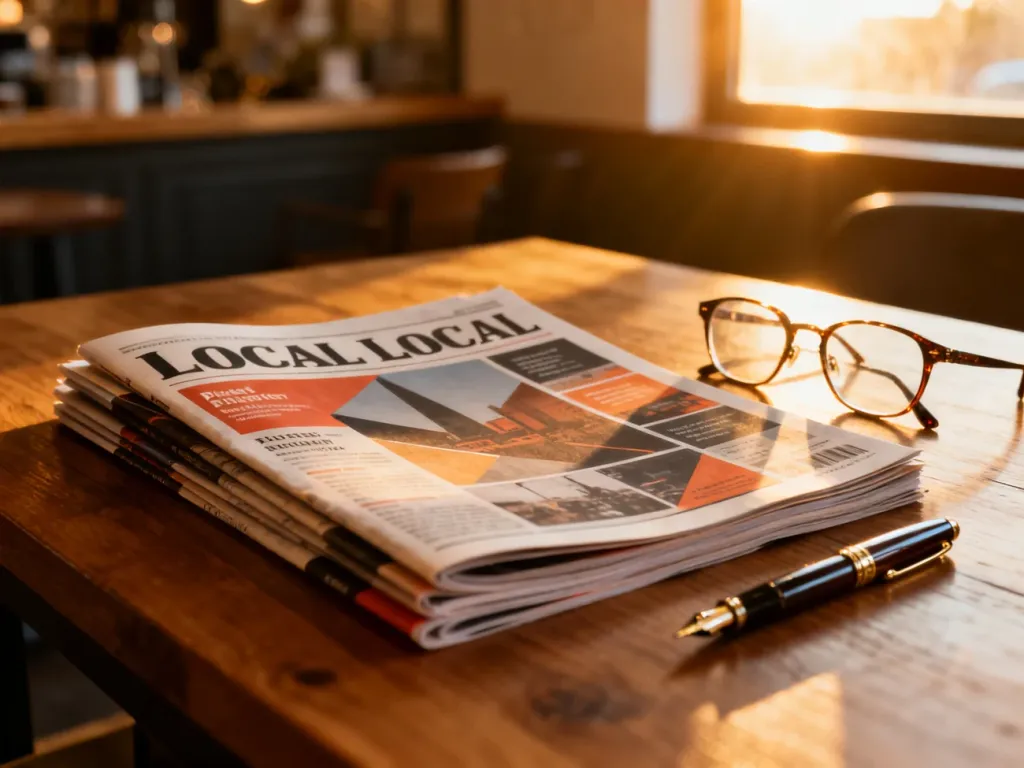 Stos świeżo wydrukowanych magazynów lokalnych na drewnianym biurku w przytulnej kawiarni, obok okularów i pióra wiecznego.