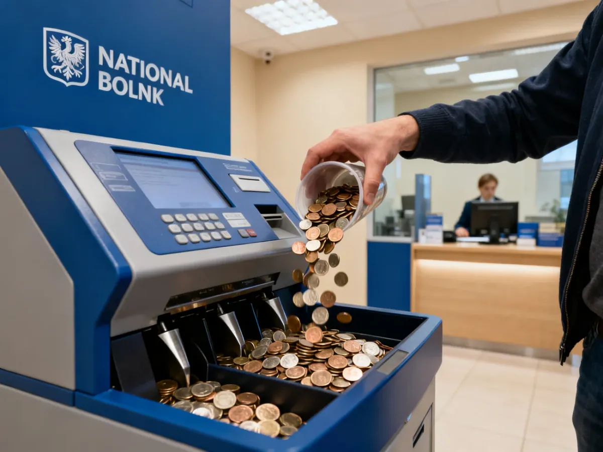Klient wsypujący monety do samoobsługowego urządzenia w oddziale banku centralnego