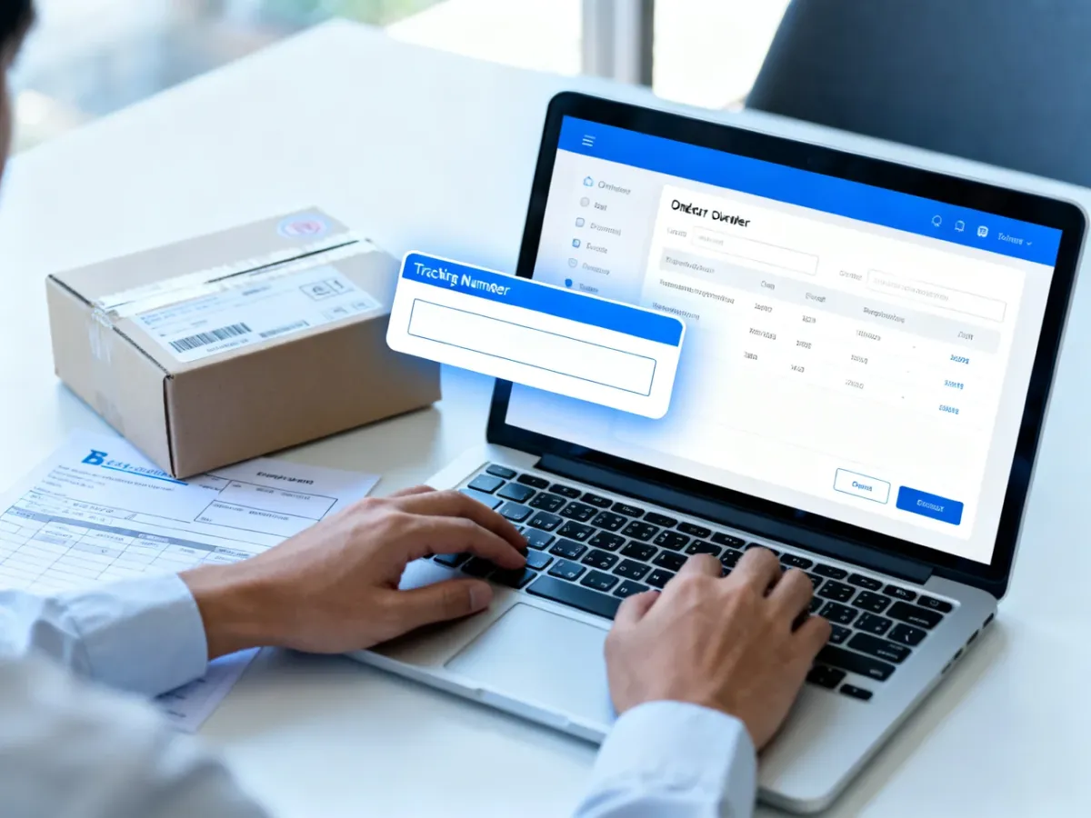 Laptop displaying order delivery details beside a parcel and shipping documents
