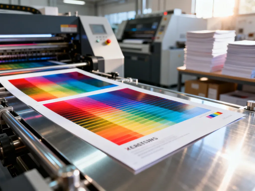 Nowoczesna maszyna drukarska przetwarzająca arkusze papieru z kolorowymi wzorami CMYK w profesjonalnej drukarni.