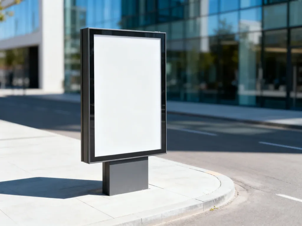 Pusta rama billboardu reklamowego na minimalistycznej ulicy miasta, gotowa do umieszczenia treści promocyjnej.