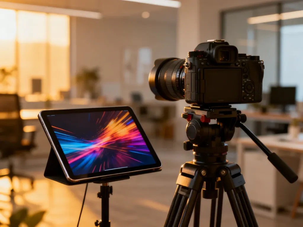 Profesjonalny sprzęt wideo i tablet z grafiką ruchomą w nowoczesnym studiu, ilustrujący proces tworzenia reklam wideo.