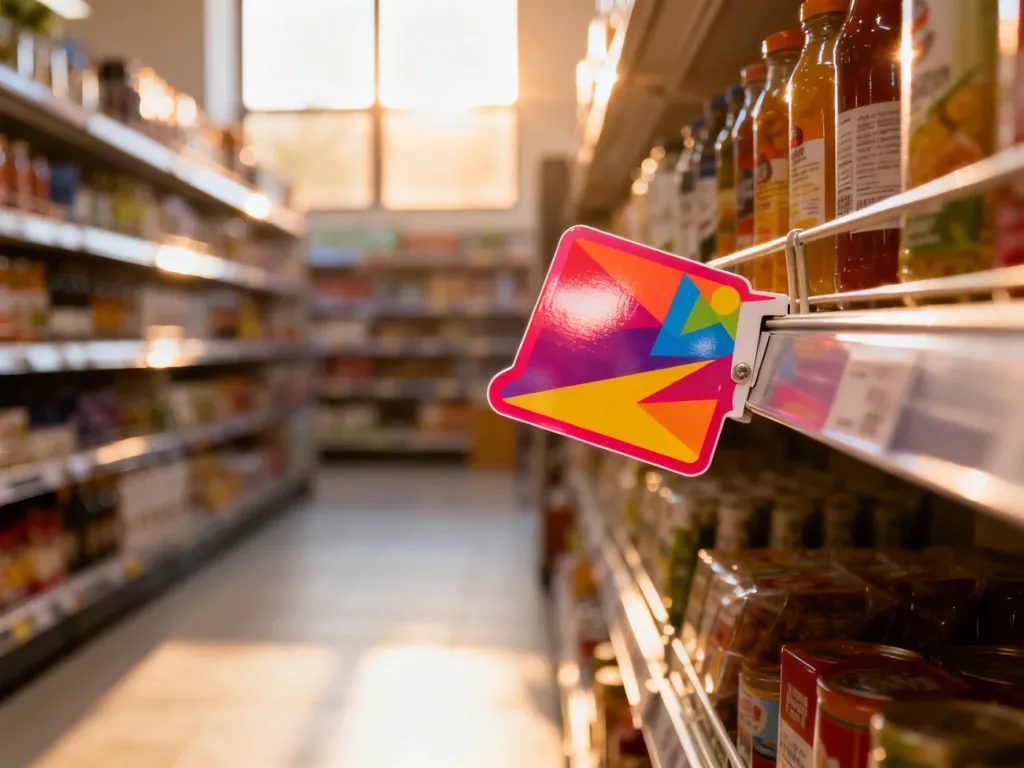 Kolorowy wobbler reklamowy przymocowany do krawędzi sklepowej półki, przyciągający uwagę klientów w alejce supermarketu.