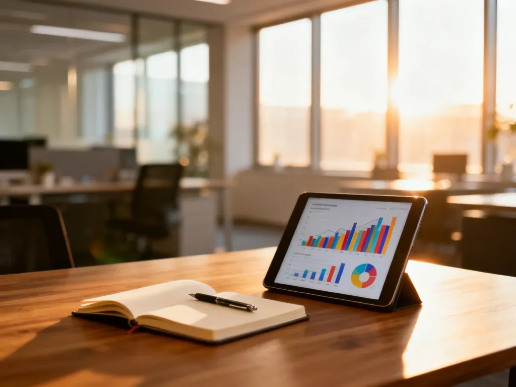 Nowoczesne biurko z tabletem wyświetlającym wykresy danych oraz notatnikiem, symbolizujące planowanie strategii marketingowej.
