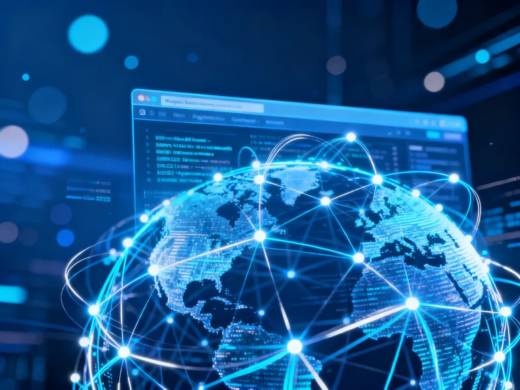 Cyfrowa wizualizacja architektury strony internetowej przedstawiająca połączone węzły danych w globalnej sieci.