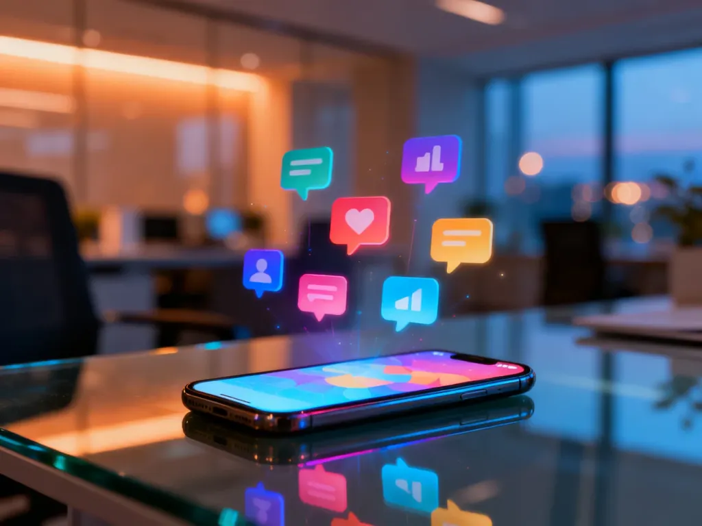 Smartfon z ikonami powiadomień z mediów społecznościowych na tle nowoczesnego biura, symbolizujący cyfrową promocję wydarzeń.