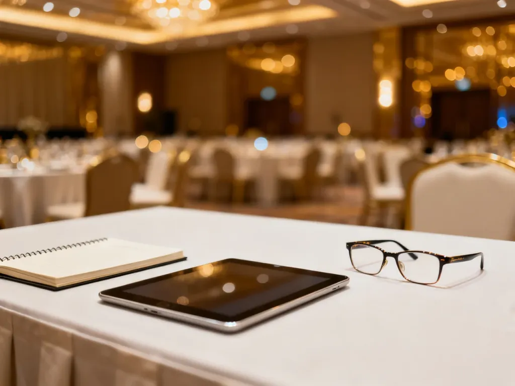 Nowoczesny stół konferencyjny z tabletem i notatnikiem w eleganckiej sali eventowej, gotowy na spotkanie biznesowe.