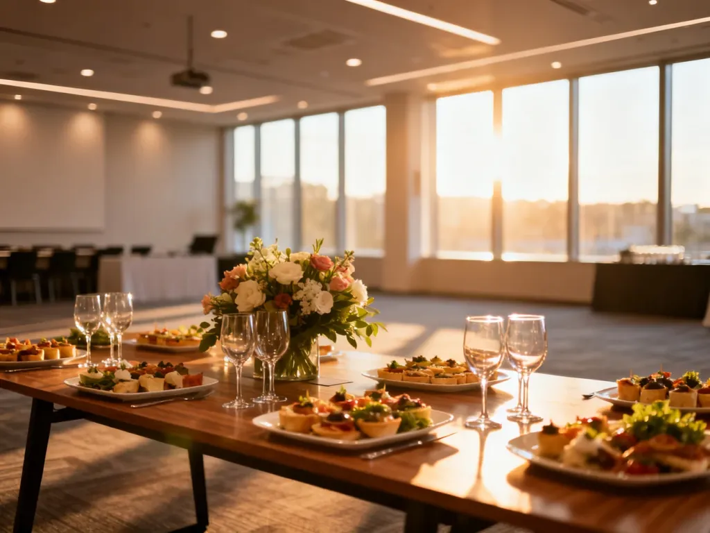 Elegancko przygotowana przestrzeń eventowa w biurze z cateringiem i kwiatami, tworząca profesjonalną atmosferę spotkania.