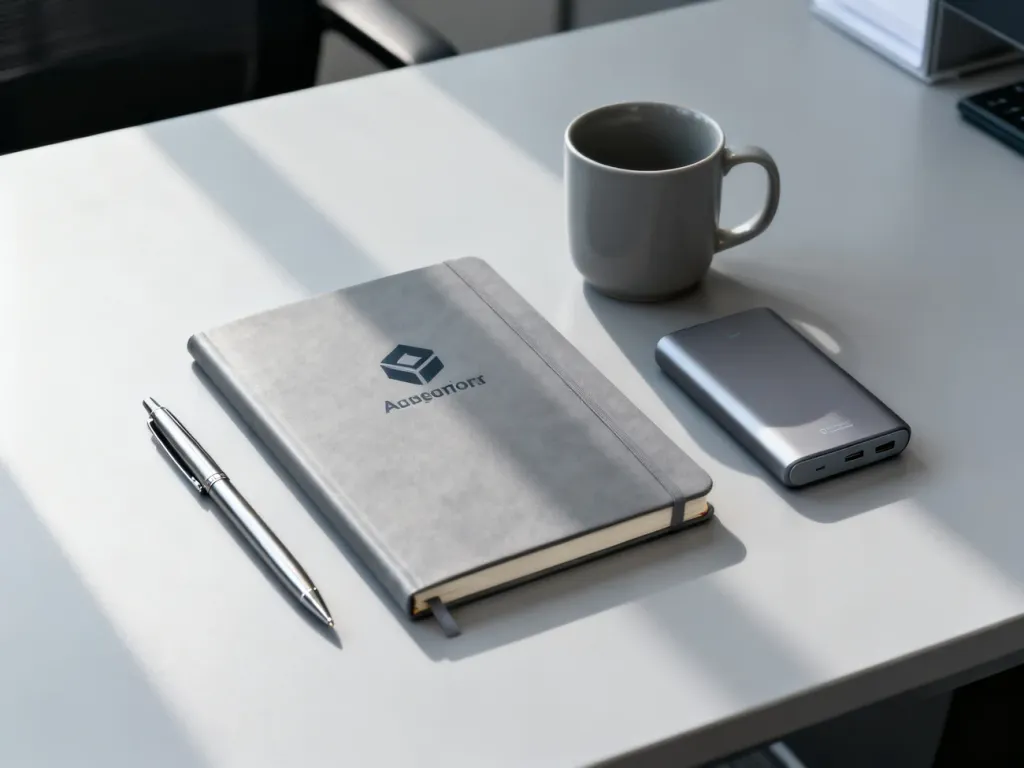 Zestaw eleganckich gadżetów reklamowych, takich jak notatnik, długopis, kubek i powerbank, ułożonych na biurku.